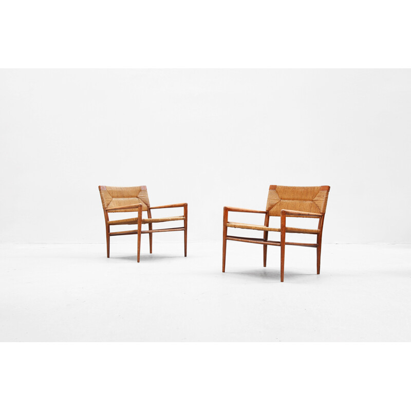 Set of 2 vintage rattan and wooden armchairs by Mel Smilow, Denmark, 1960s