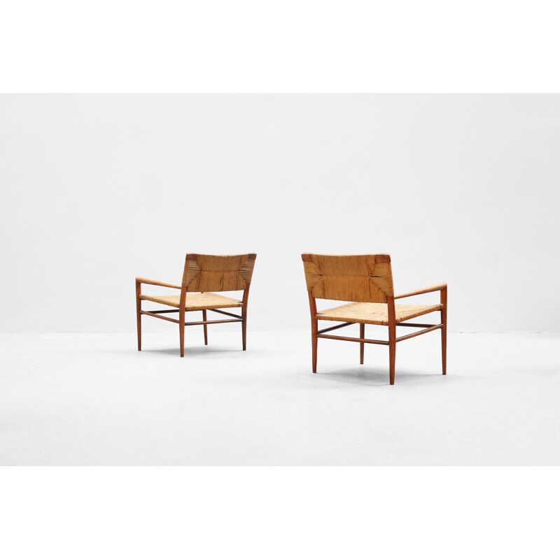 Set of 2 vintage rattan and wooden armchairs by Mel Smilow, Denmark, 1960s