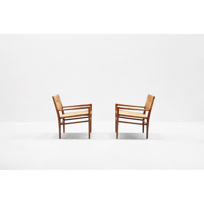 Set of 2 vintage rattan and wooden armchairs by Mel Smilow, Denmark, 1960s