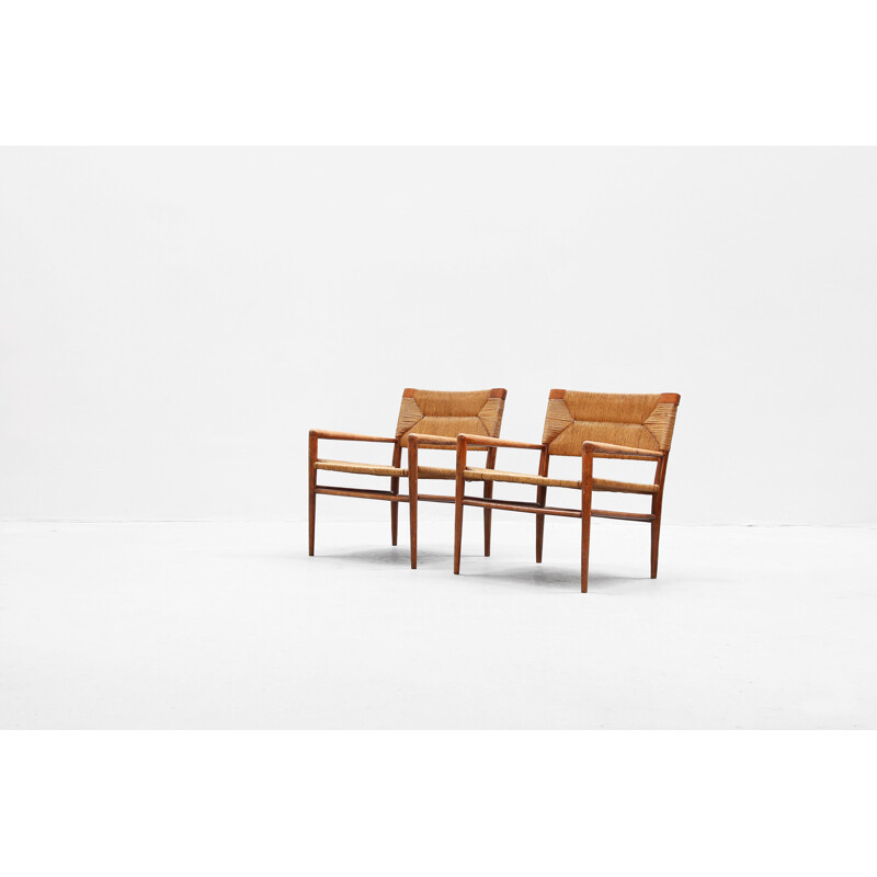 Set of 2 vintage rattan and wooden armchairs by Mel Smilow, Denmark, 1960s