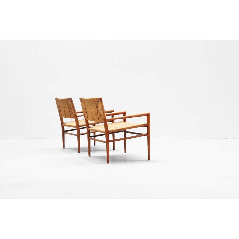 Set of 2 vintage rattan and wooden armchairs by Mel Smilow, Denmark, 1960s