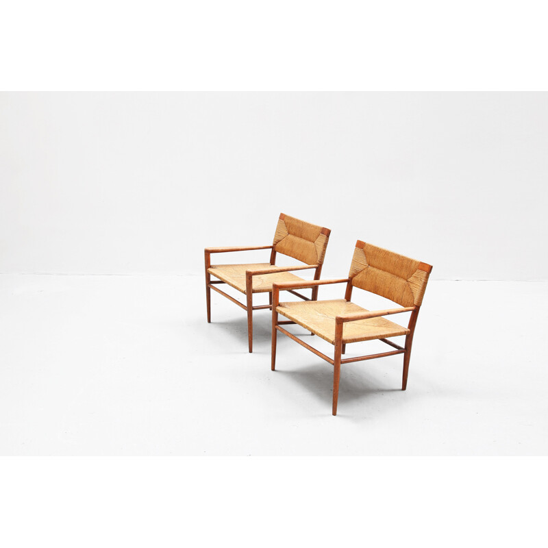 Set of 2 vintage rattan and wooden armchairs by Mel Smilow, Denmark, 1960s