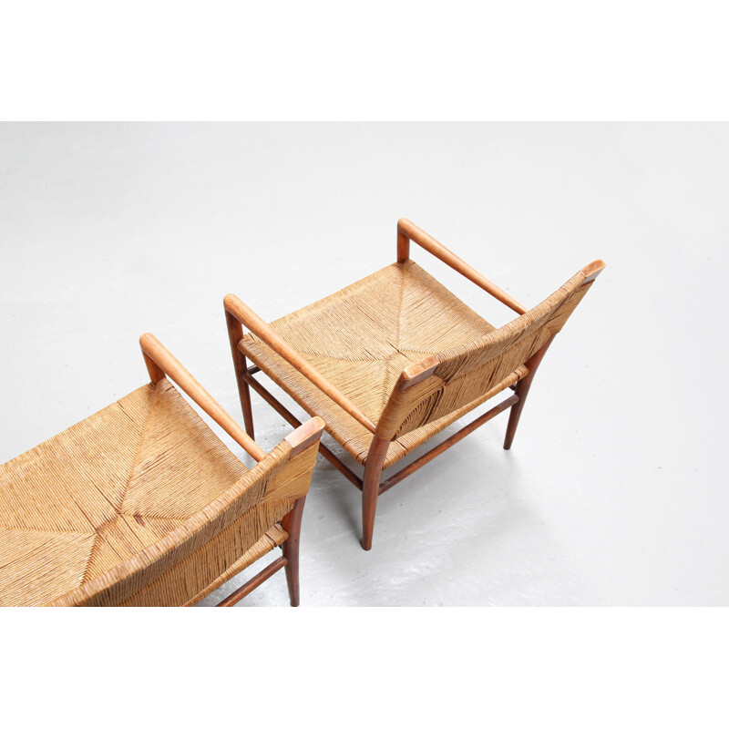 Set of 2 vintage rattan and wooden armchairs by Mel Smilow, Denmark, 1960s