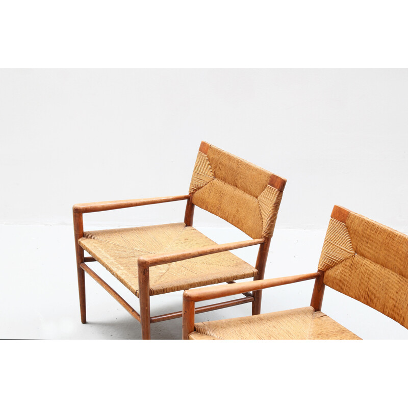 Set of 2 vintage rattan and wooden armchairs by Mel Smilow, Denmark, 1960s