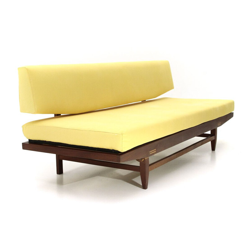 Vintage yellow fabric and wood sofa bed, Italy, 1960s