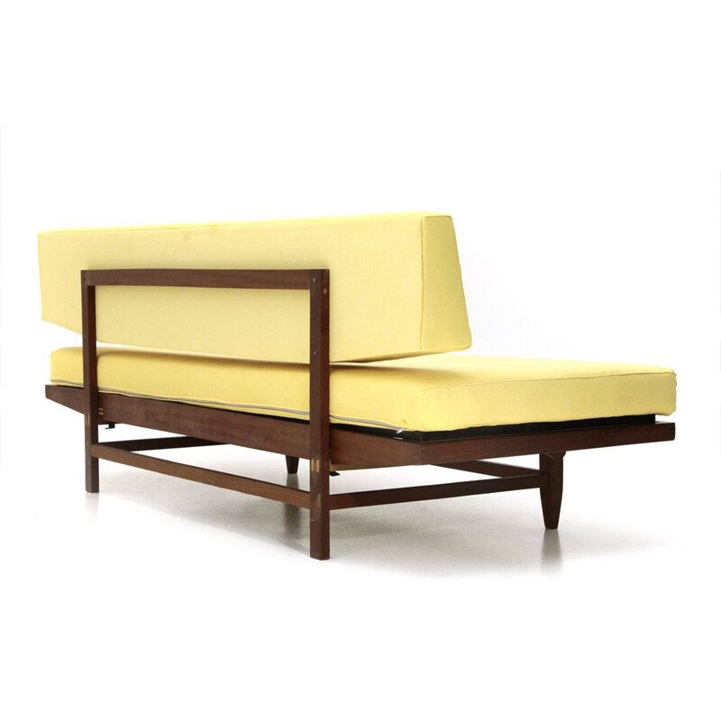 Vintage yellow fabric and wood sofa bed, Italy, 1960s