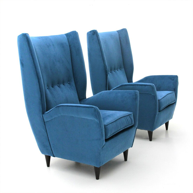 Set of 2 vintage blue velvet armchairs, Italy, 1950s