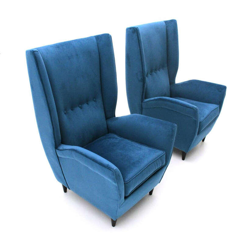 Ensemble de 2 fauteuils vintage en velours bleu, Italie, 1950