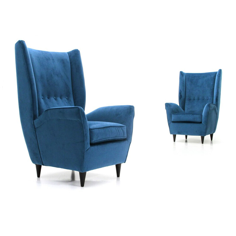 Set of 2 vintage blue velvet armchairs, Italy, 1950s