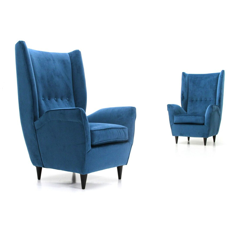 Set aus 2 Vintage Sessel in blauem Samt, Italien, 1950
