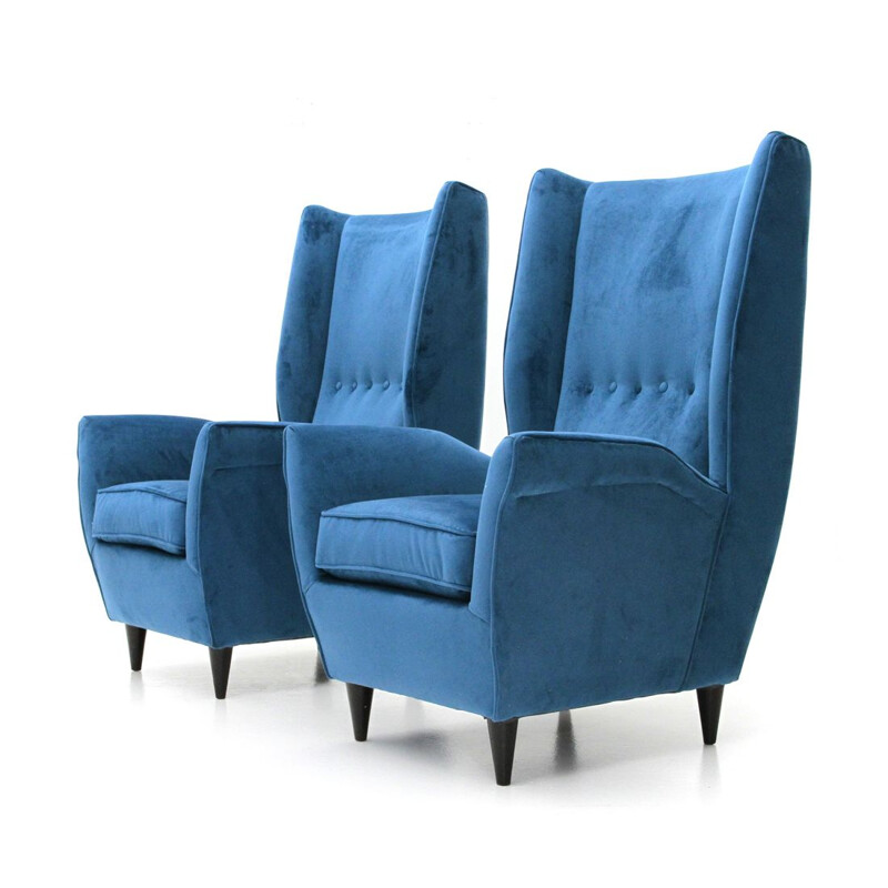 Ensemble de 2 fauteuils vintage en velours bleu, Italie, 1950