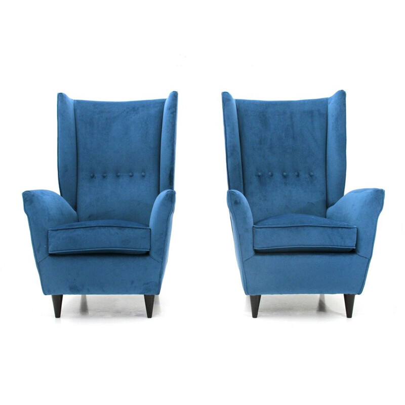 Set of 2 vintage blue velvet armchairs, Italy, 1950s