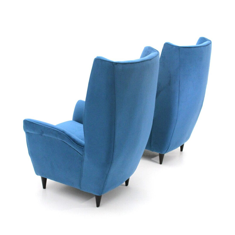 Set of 2 vintage blue velvet armchairs, Italy, 1950s