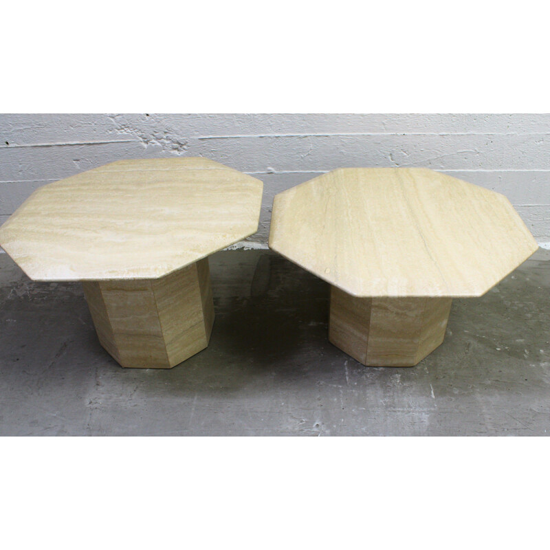 Set of 2 vintage side coffee tables in travertine