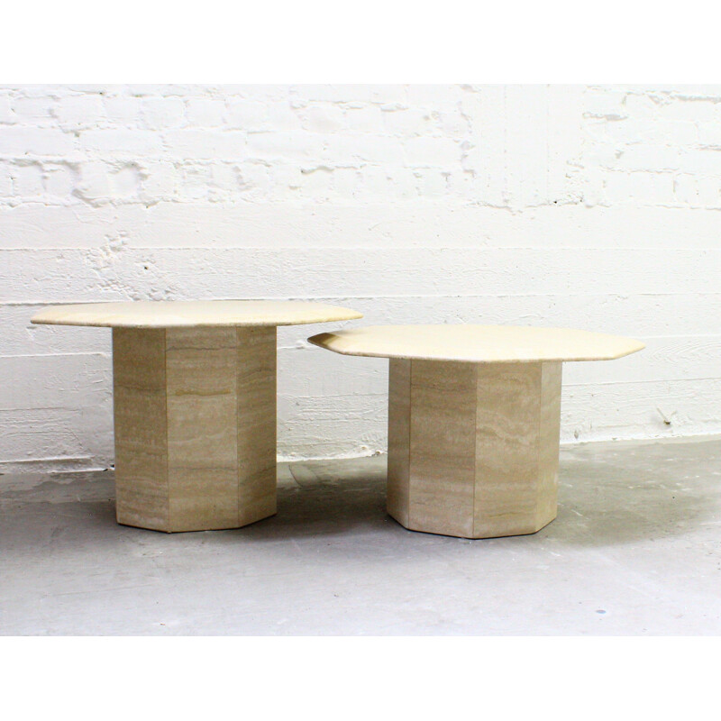 Set of 2 vintage side coffee tables in travertine