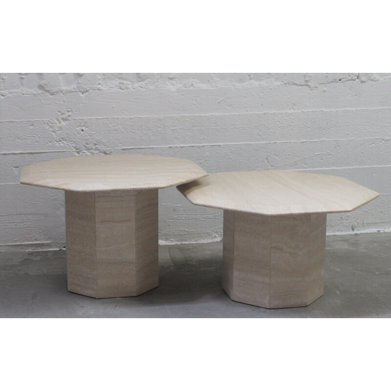 Set of 2 vintage side coffee tables in travertine