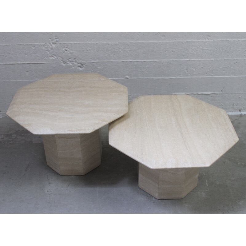 Set of 2 vintage side coffee tables in travertine