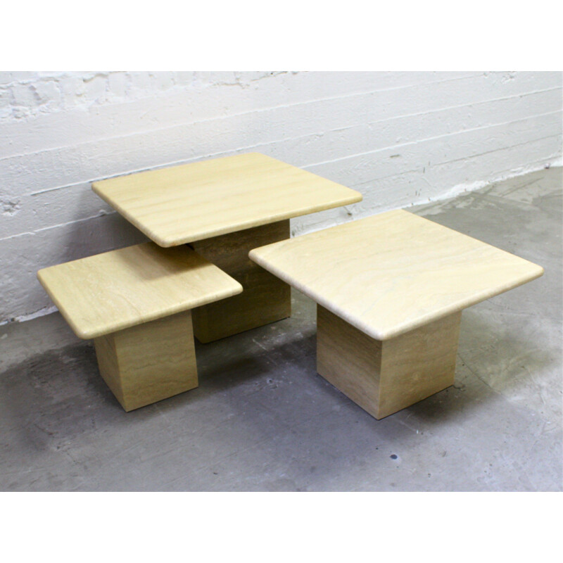 Set of 3 vintage side coffee tables in travertine