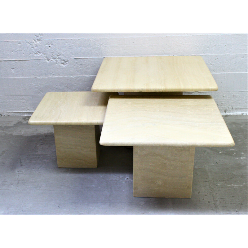 Set of 3 vintage side coffee tables in travertine