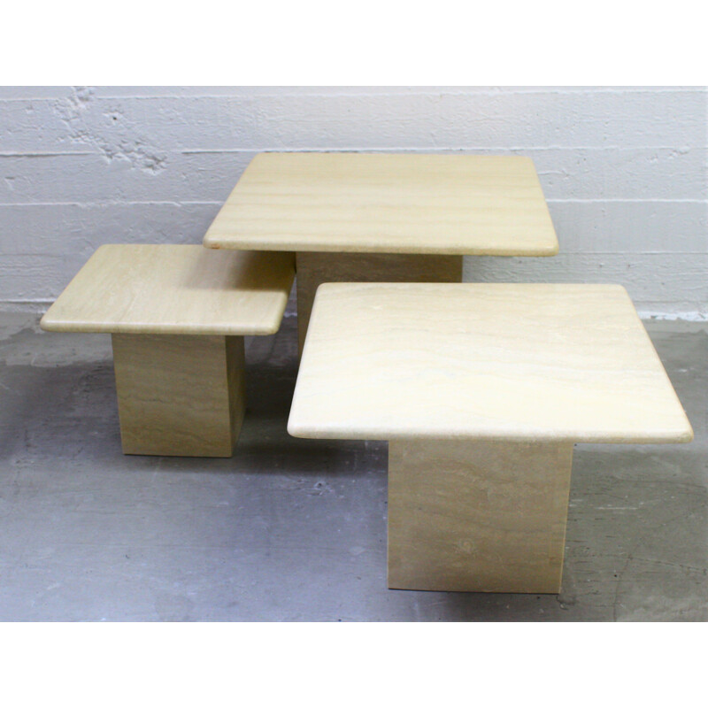 Set of 3 vintage side coffee tables in travertine