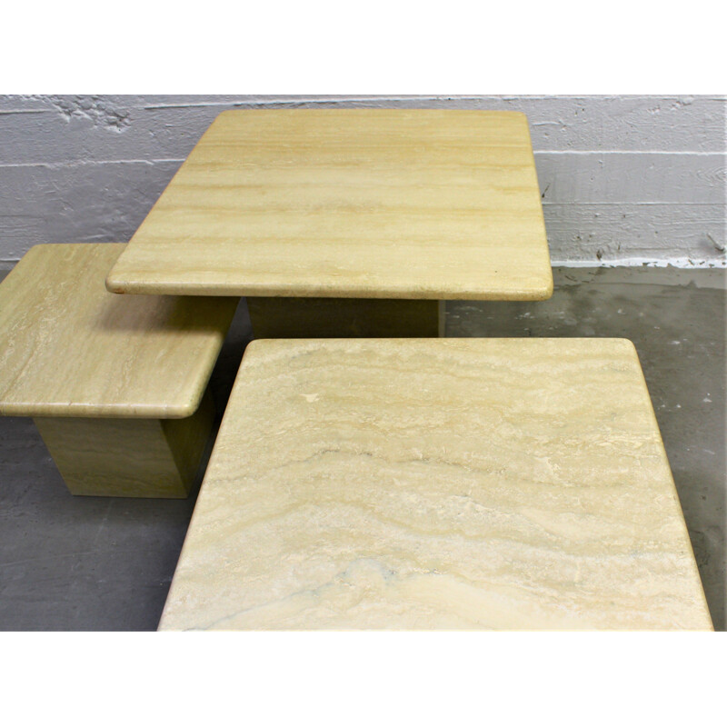 Set of 3 vintage side coffee tables in travertine