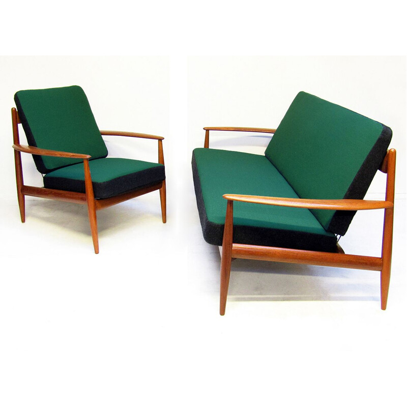 Sofá vintage de teca y tela kvadrat de Grete Jalk, 1950