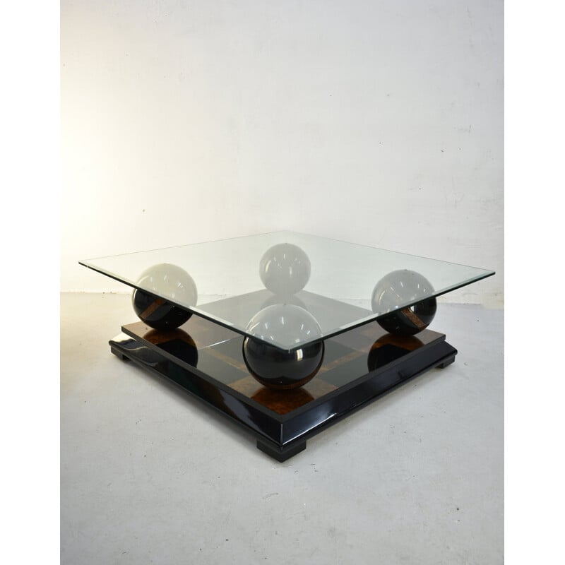 Vintage Italian coffee table in lacquered wood and glass top, 1970s