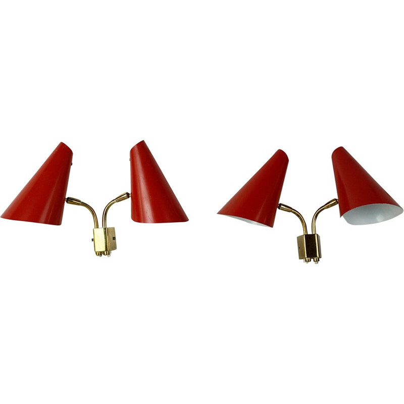 Set of 2 vintage red brass double arm wall lights, Austria,
