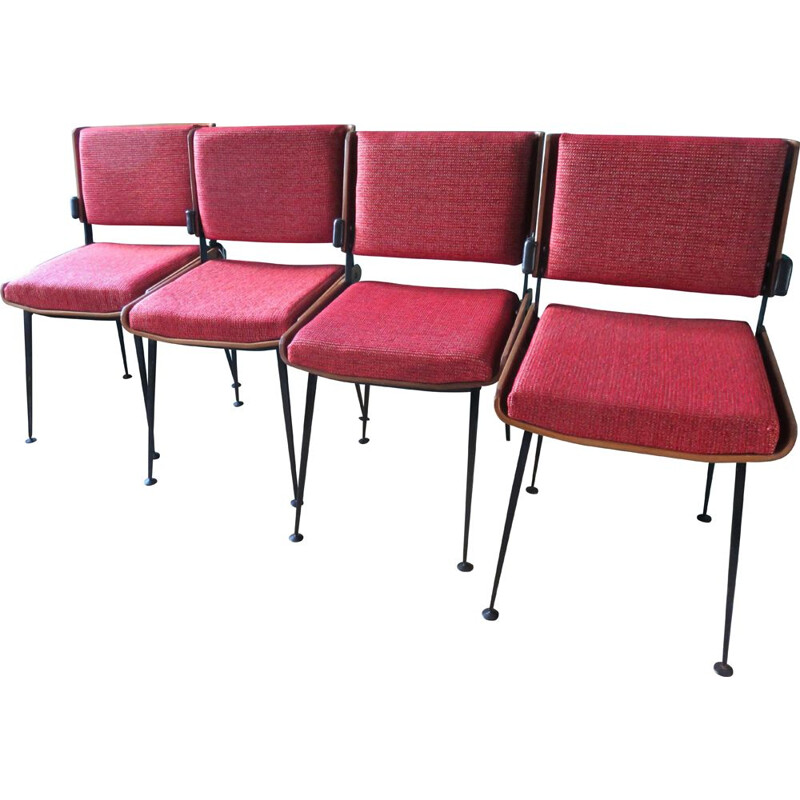 Set of 4 vintage red chairs, France, 1965