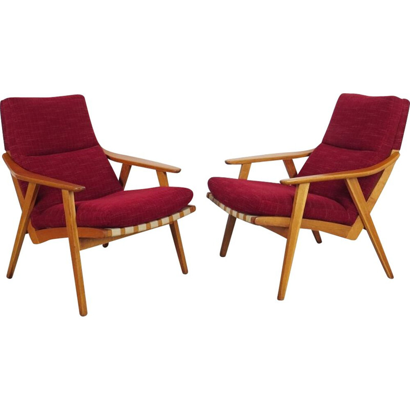 Set of 2 vintage red armchairs, Czechoslovakia, 1960