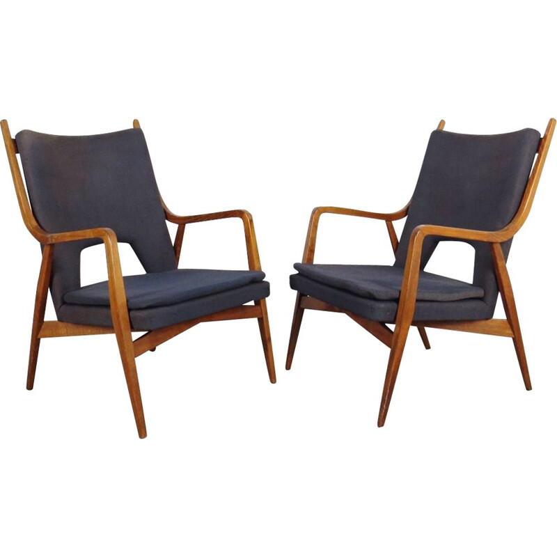 Set of 2 navy blue-grey armchairs, Czechoslovakia, 1960s