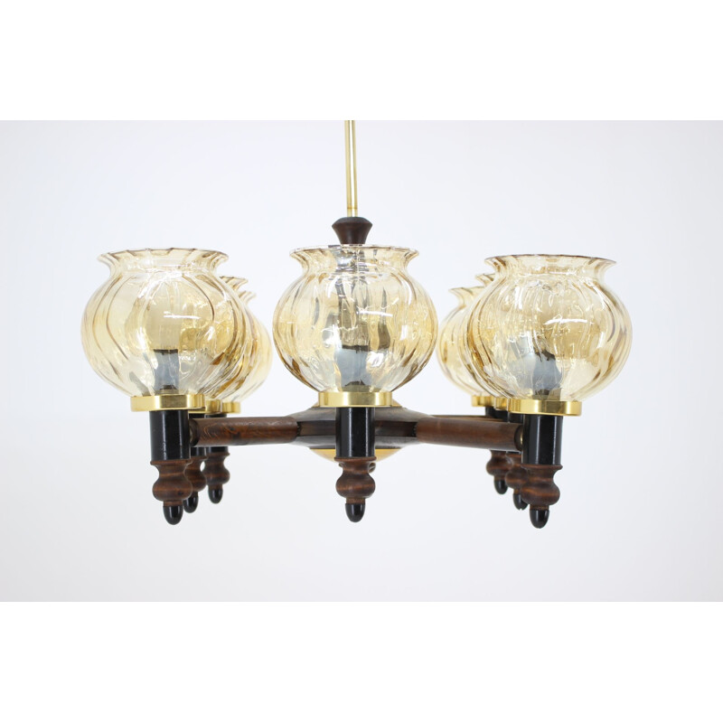 Lustre vintage en bois et verre, 1960