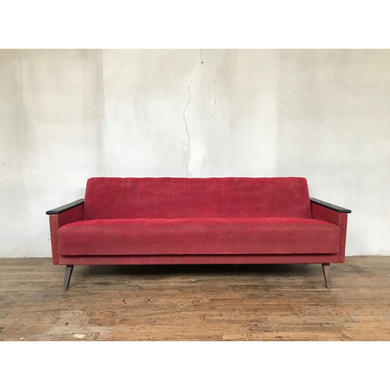 Red vintage fabric and wood sofa, 1950-60s