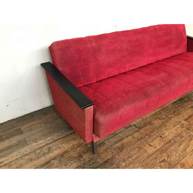 Red vintage fabric and wood sofa, 1950-60s