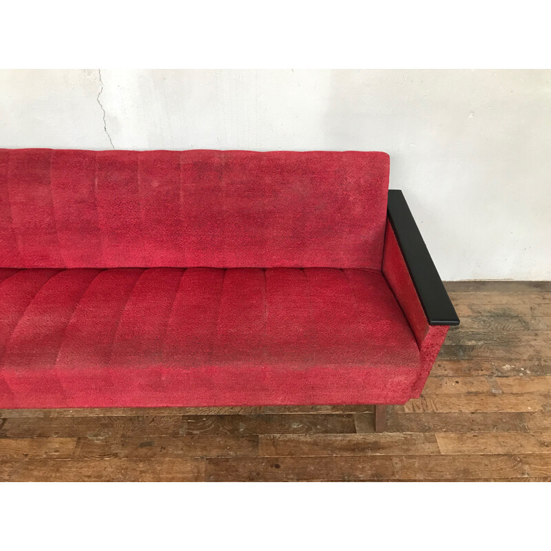 Red vintage fabric and wood sofa, 1950-60s