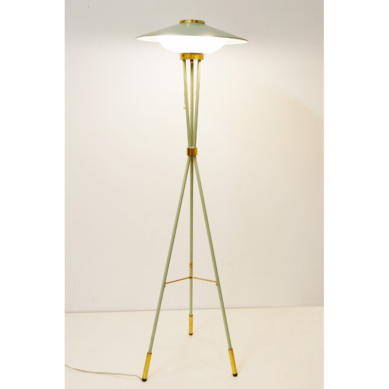 Vintage brass, steel and glass floorlamp on tripod by Stilnovo