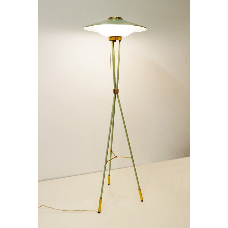 Vintage brass, steel and glass floorlamp on tripod by Stilnovo