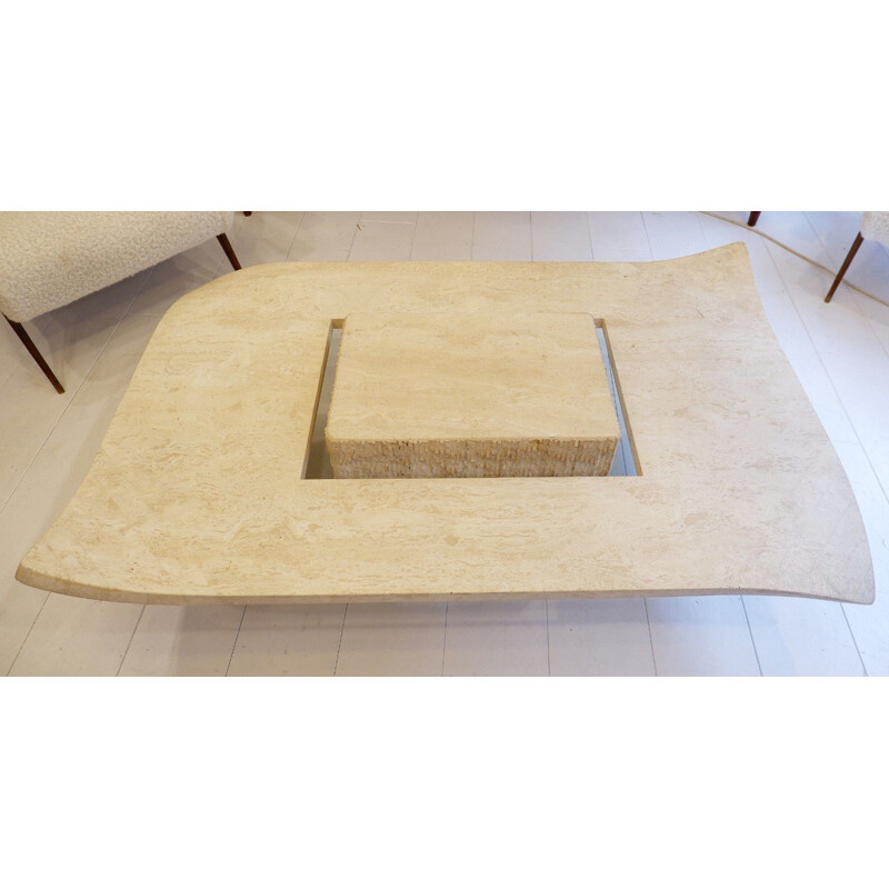 Vintage travertine and glass coffee table, 1980s