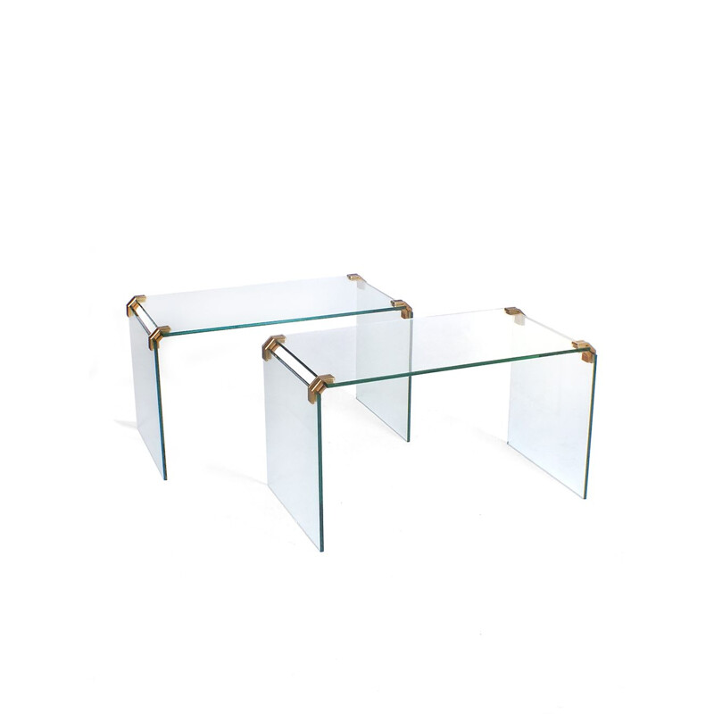 Set of 2 vintage glass and brass tables