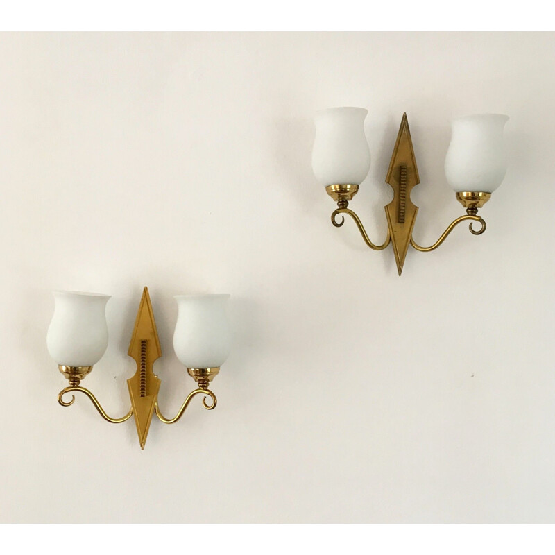 Pair of vintage brass and opaline wall lamps, 1950s