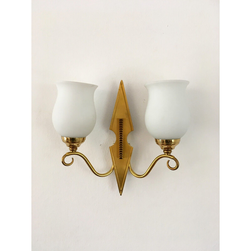 Pair of vintage brass and opaline wall lamps, 1950s
