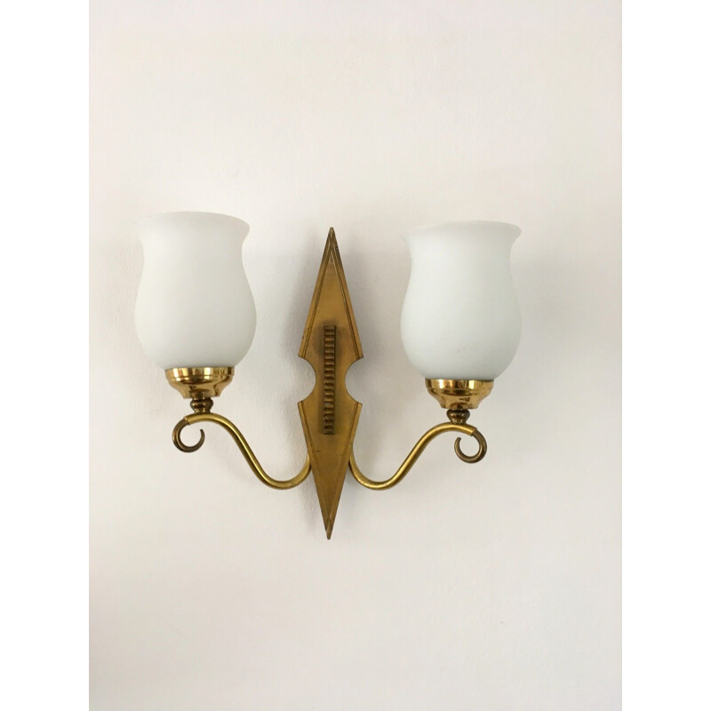 Pair of vintage brass and opaline wall lamps, 1950s