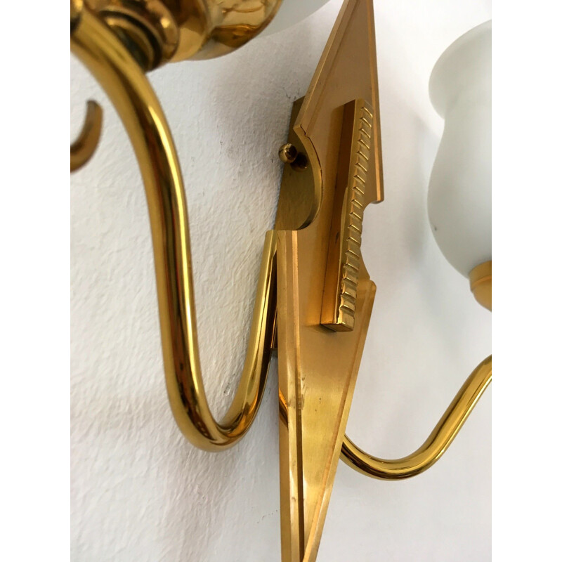 Pair of vintage brass and opaline wall lamps, 1950s