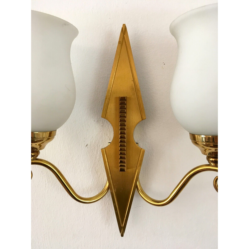 Pair of vintage brass and opaline wall lamps, 1950s