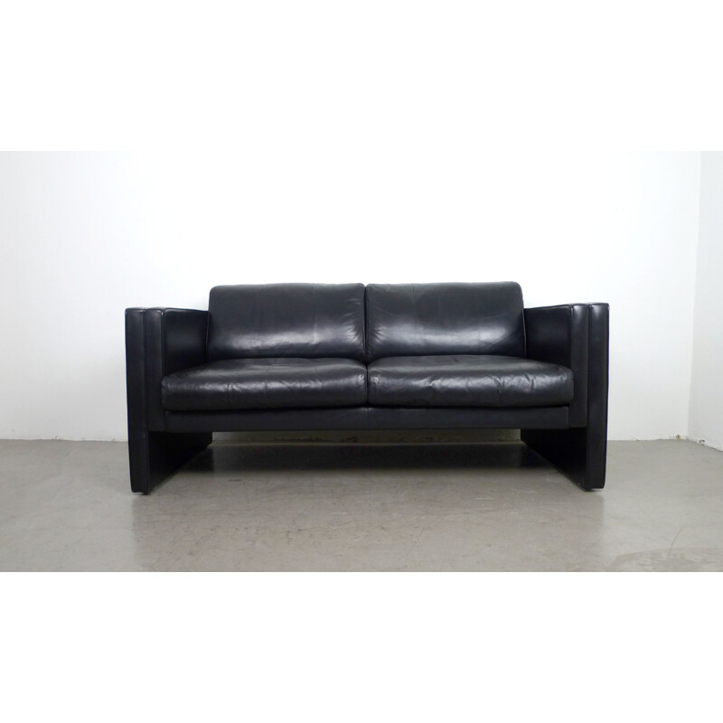 Vintage Black Leather Sofa by Jürgen Lange for Walter Knoll, Germany, 1980s