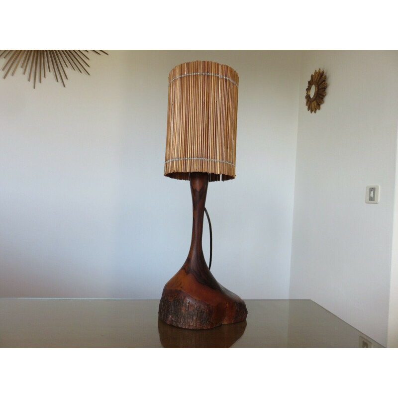 Vintage lamp in solid teak and straw lampshade, 1960