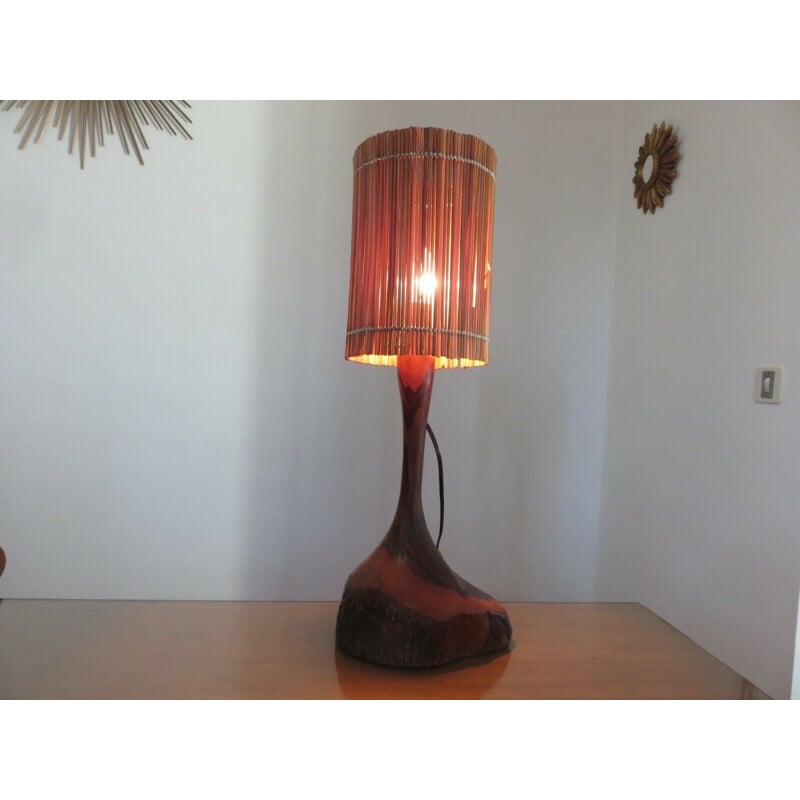 Vintage lamp in solid teak and straw lampshade, 1960