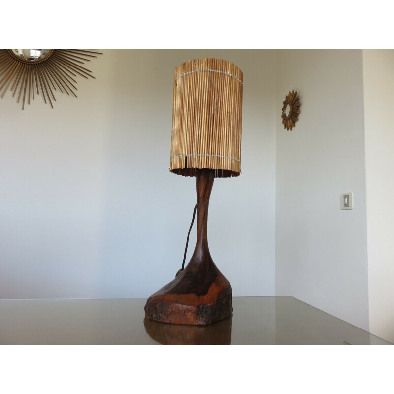 Vintage lamp in solid teak and straw lampshade, 1960