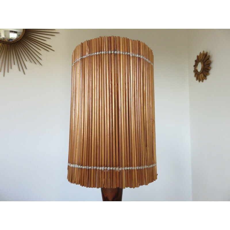 Lampe vintage en teck massif et abat jour en paille,1960