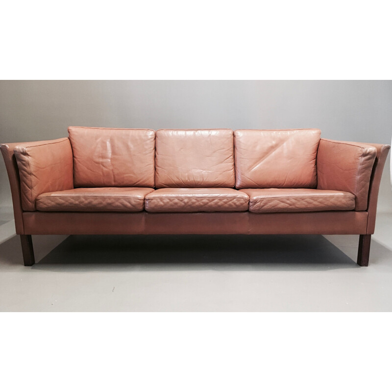 Vintage 3-seater leather and teak sofa